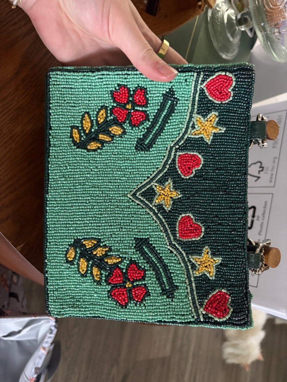 Double D Ranch Green Beaded Bag with Red Accents
